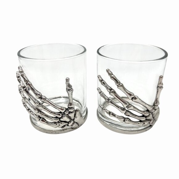 NWT SILVER METAL SKELETON HAND GLASS ROCKS TUMBLER SET HALLOWEEN GOTHIC UNDEAD - Picture 1 of 4